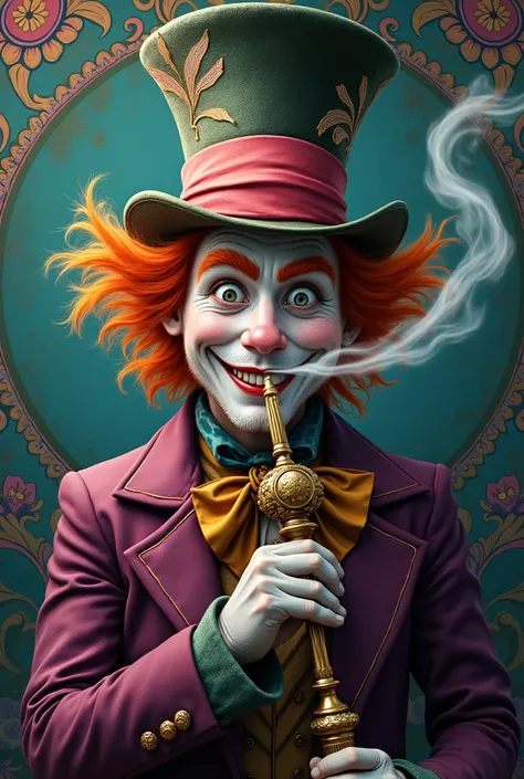 Mad Hatter smiling 
Hookah and mandala background
