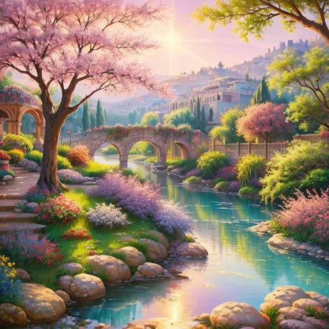 - Fantastic - painting style waterfall, soft painting style, vivid color, bright light, wonderful heavenly garden, rainbow refle...