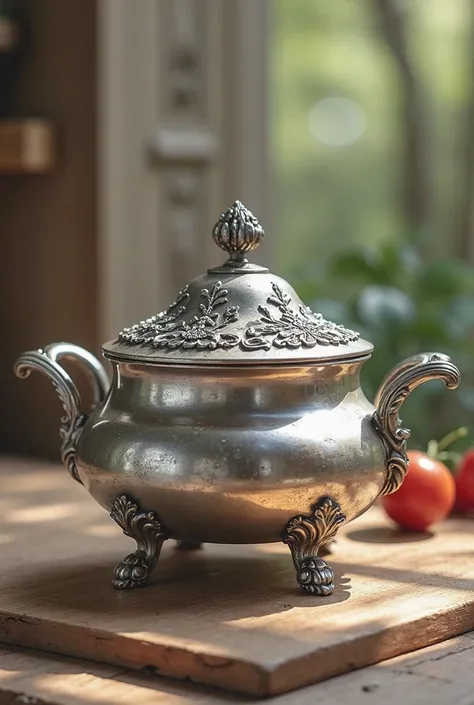 Silver soup pot with lid, antique carved.