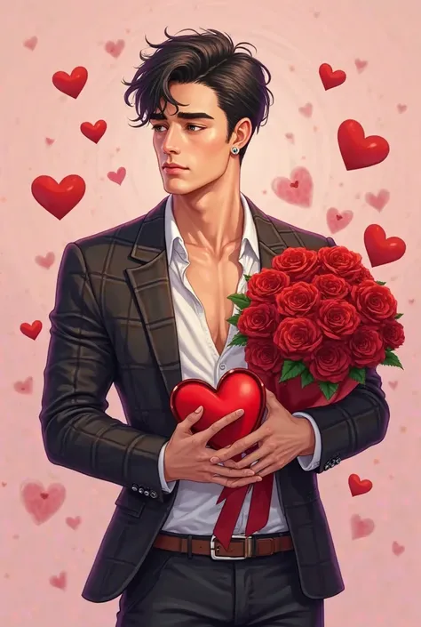 A handsome young man with short dark hair and an athletic build (muscular, with broad shoulders and defined arms), wearing a sty...