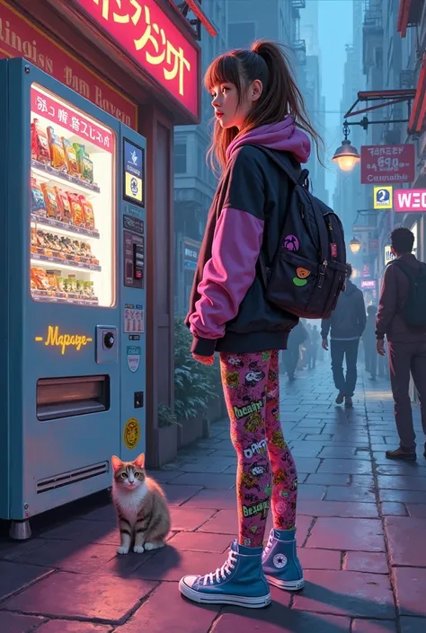 profile oil painting of a beautiful futuristic Alice, long messy hair, wearing leggings with a print of comic book characters, b...