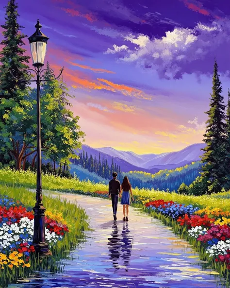 oil painting, purple sky, A Single Cloud in the Sky, tree, tree-lined avenue, scenery, outdoors, couple, walking, lamp post, col...