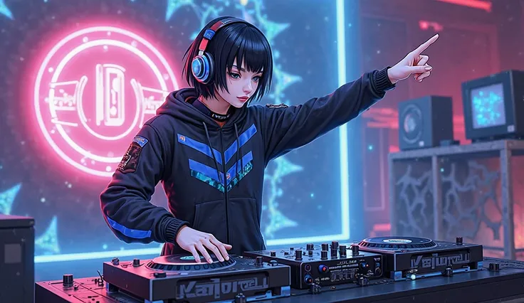 

The image is a digital illustration of a male DJ playing music on a turntable. She wears a black and blue outfit with a futuri...