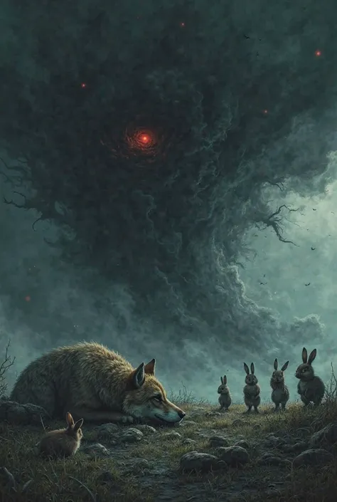 The wolf collapses onto the ground, panting heavily, staring at the rabbits in shock. Its red eyes slowly fade, as if the curse ...