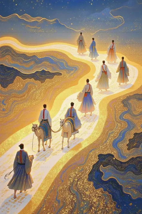 A group of camel riders  walking on the topography made from fabrics, in digital art style, high angle shot, hyper-realistic det...