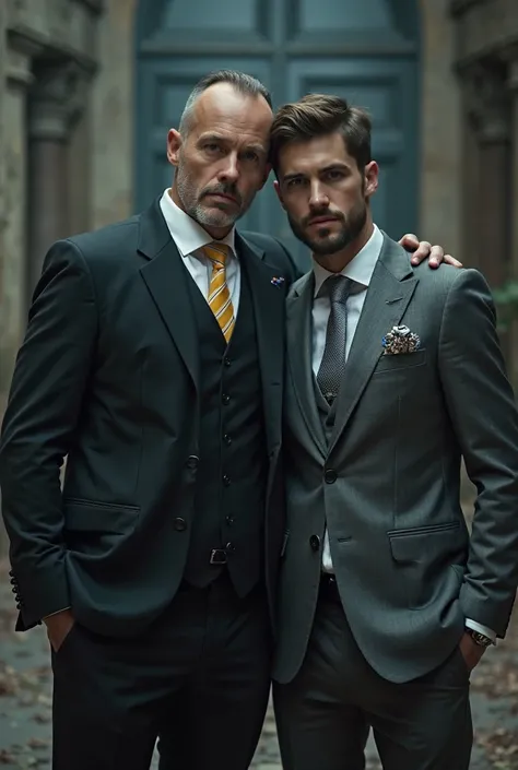   high,   burly white man with short hair     ,   who wears a black two-piece suit with a white shirt and a yellow striped tie  ...
