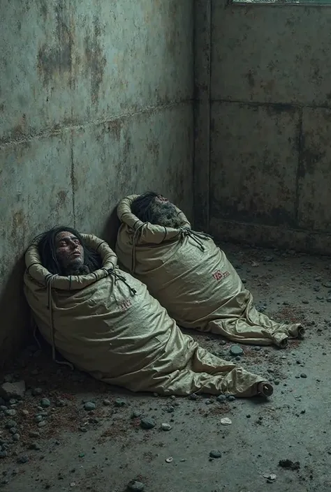 Dead bodies in two sacks laying near Wall 16:9 ration