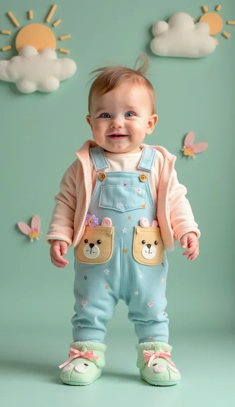 “Professional studio shot of an absolutely adorable chubby baby with bright blue eyes and rosy cheeks,  standing against a soft ...