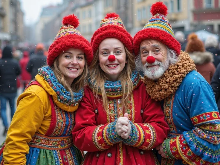 three people, dressed in colorful clothes,  posing for a photo ,  holding ,  excited Russians ,  Russian clothes , Russian costu...