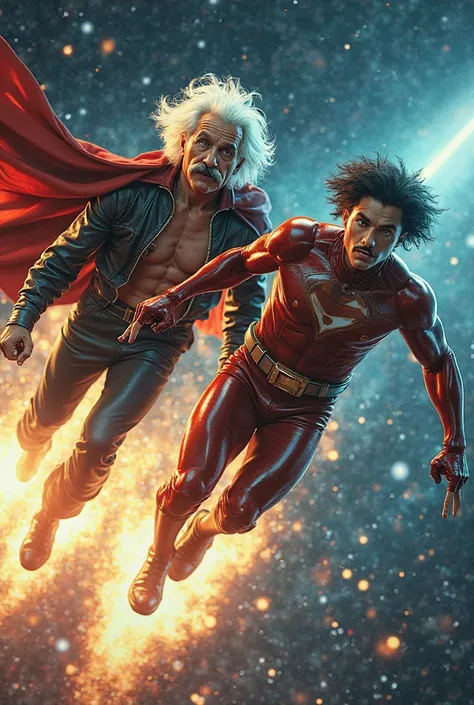 Albert Einstein, Robert oppenheimer with short black hair, two different scientists, flying high In the space with high speed, h...