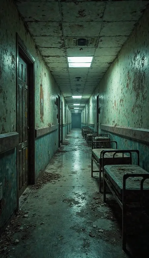 Beelitz-Heilstätten Hospital: "A decayed, abandoned hospital hallway with peeling paint, rusted hospital beds, and dark shadows ...