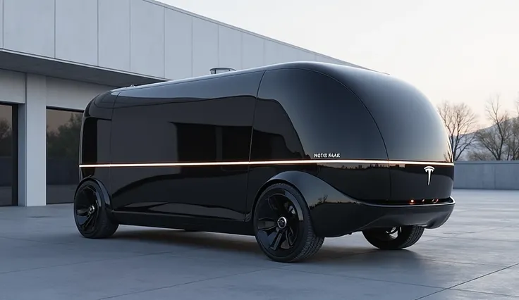 "A futuristic Tesla motorhome parked outside a modern industrial building. The motorhome has a sleek, aerodynamic design with a ...