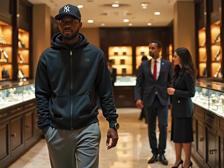 Sadio Mané walks into a luxury boutique in New York, wearing sports pants, a dark hoodie, and a cap. The store is filled with br...