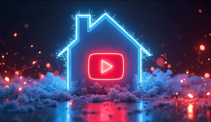 "A futuristic 3D digital background featuring the YouTube logo inside a modern house. The house is glowing with neon blue and re...