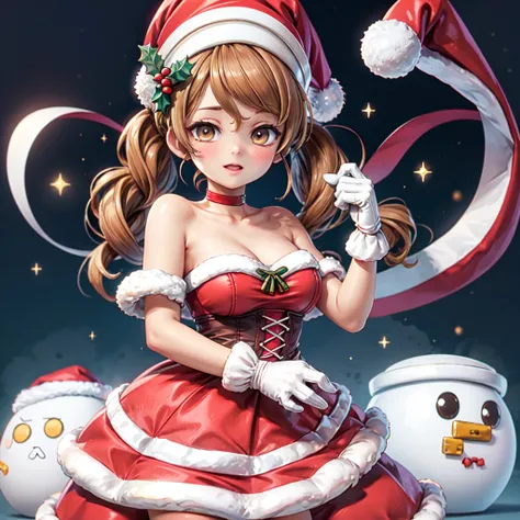 littorioxmasKC, 1girl, solo, long hair, gloves, hat, dress, bare shoulders, white gloves, strapless, christmas, strapless dress,...
