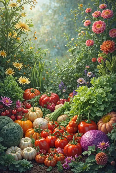 Realistic vegetables garden with with daisies and torenia fournieri flowers of different colors.