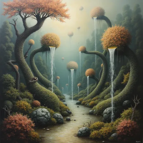 surreal and abstract painting of a desolate botanical garden with strangely shaped bushes and magical water fountains, classic a...