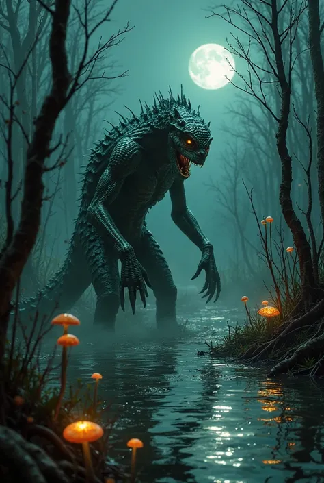  A hybrid creature between human and reptile ,  with scaly skin and glowing eyes , emerging from the dark waters of a swamp. The...