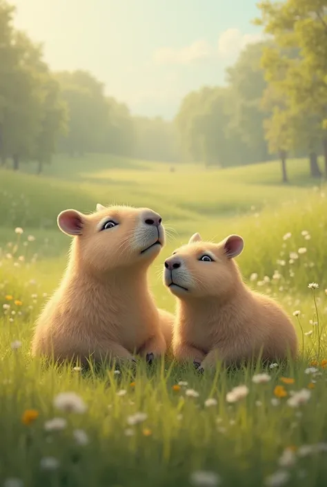 Realistic cute real fluffy real capybaras always staring at the sky while sleeping in the grass are always one capybaras、An even...