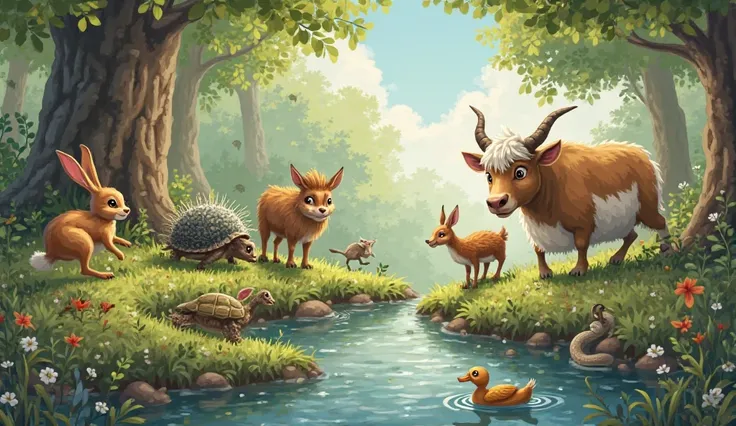 A hare a turtle a hedgehog a goat a cow a snake a duck 