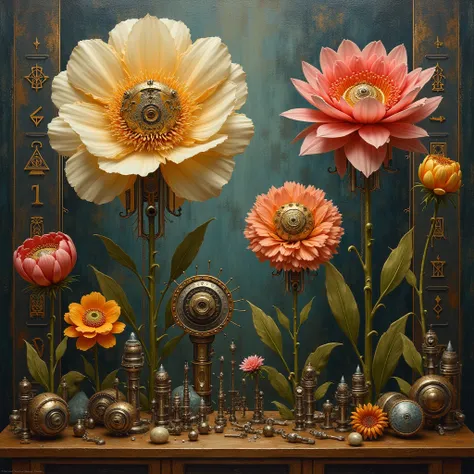 surreal and abstract painting of a mysterious ancient art deco room with different mechanical flowers made of old steampunk mach...