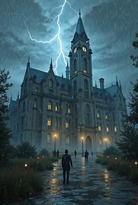   A big school in a secluded place. By God, the night and the world are raining and thunder 
Please be a school and Burq