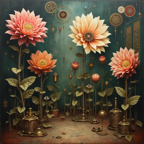 surreal and abstract painting of a mysterious ancient art deco room with different mechanical flowers made of old steampunk mach...