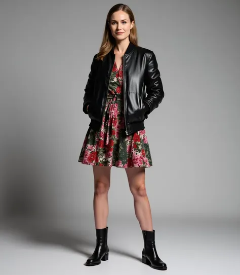 Sanna Marin in a black leather bomber jacket, short flowery dress, black chelsea boots