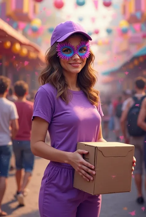 I want the image of a woman wearing a purple short sleeve t-shirt, purple pants,Purple cap ,holding a cardboard box and wearing ...