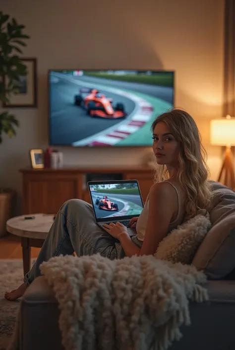 A blonde woman is sitting on the sofa working on her laptop.  Meanwhile, Formula 1 is playing on TV in the background and the wo...