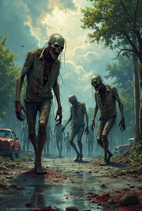 Zombies from the Living Dead, the Zombie Apocalypse theme, comic cartoon style, HD,  very detailed,  in the background a park .