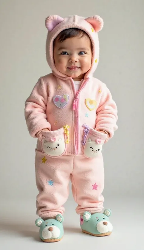  

The main piece is a, neon pink jumpsuit made of fuzzy cotton ,  with a delicate pattern of small hearts and stars . The jump...