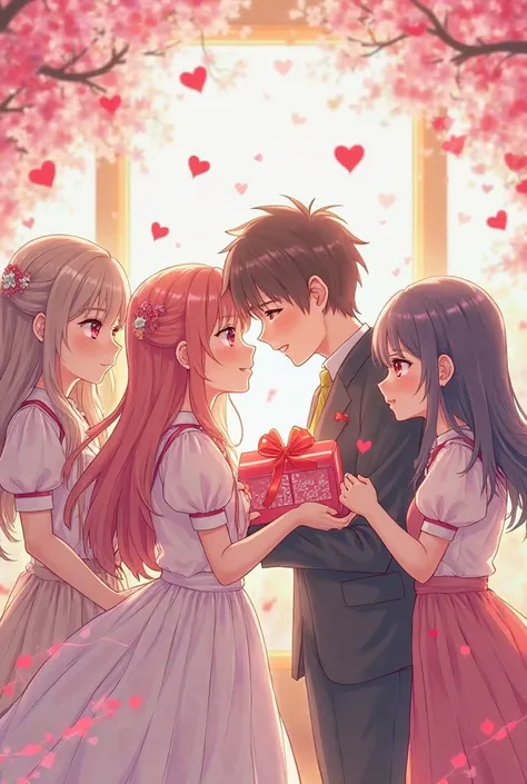 Girls and man at valentine anime giving a chocolate and hug