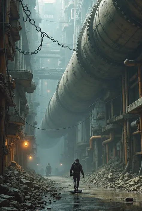 A huge pipe in the basement
, About an underground street , No light , Ruins ,Futuristic Hoverboarder,concept art