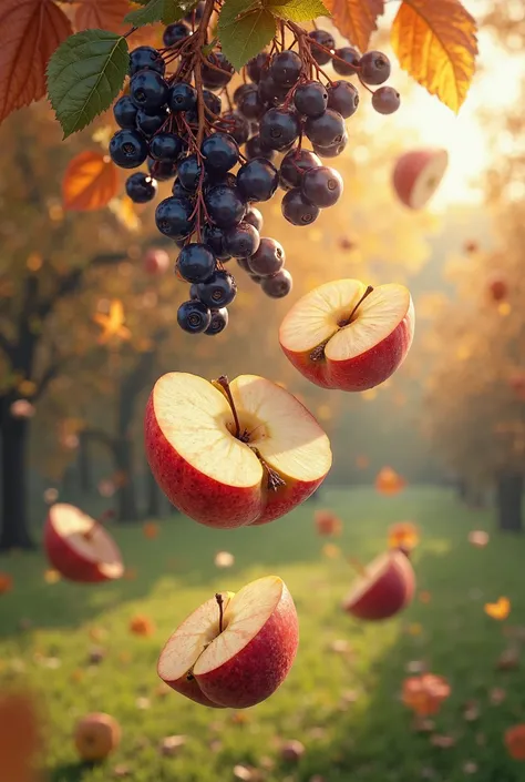 chokeberry berries and halves of apples falling from above