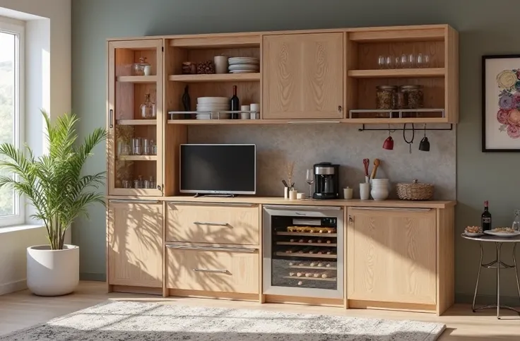 create a dining room cabinet, with 1, 35 meters wide and 2 , 45 meters tall . 2/3 low cabinet and 1/3 high cabinet. Scandinavian...
