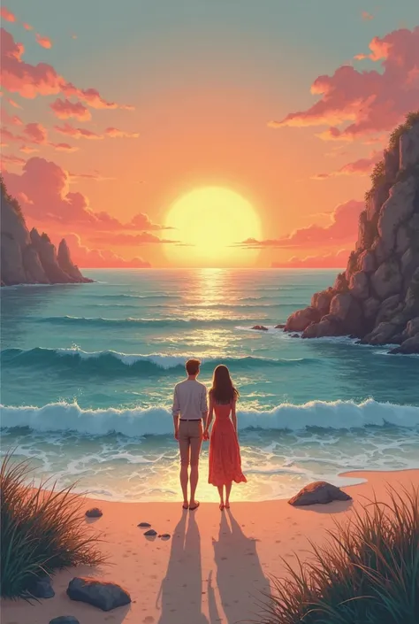 A brown couple on the seashore at a horizontal sunset with many geometric figures 