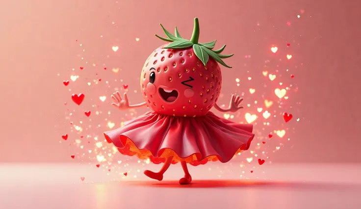 Spinning strawberry with a bright red dress, creating a trail of heart-shaped particles.  
