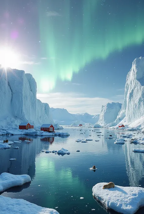 Snow-white icebergs float majestically across the azure waters, reflecting the glow of the polar sun. Over the vast expanses of ...