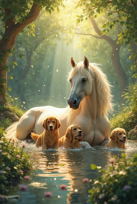 Quarter horse lying down relaxing with golden retrievers bathing together in an enchanted clearing