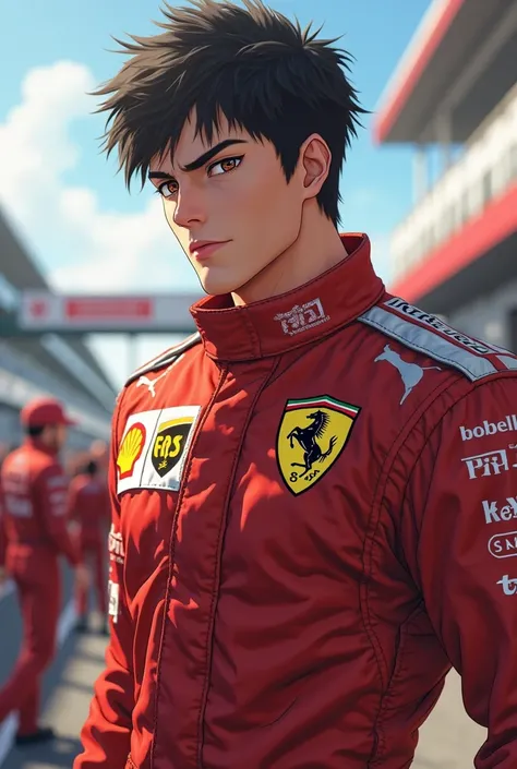 3D anime black-haired, brown-eyed man wearing Ferrari F1 jumpsuit 