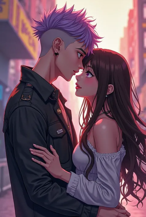 Generating a male character has purple platinum hair , Wear cross earrings , cropped eyebrow  , and streetwear clothing style, h...