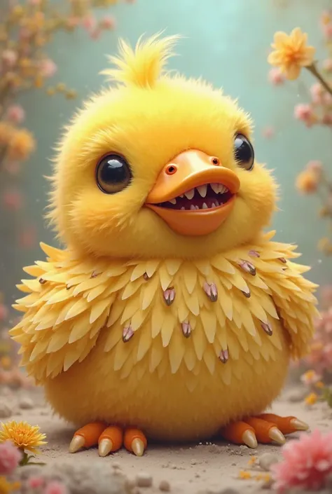 My character has feathers full of teeth, has a duck's feather, and he's very cute and has a yellow beak.