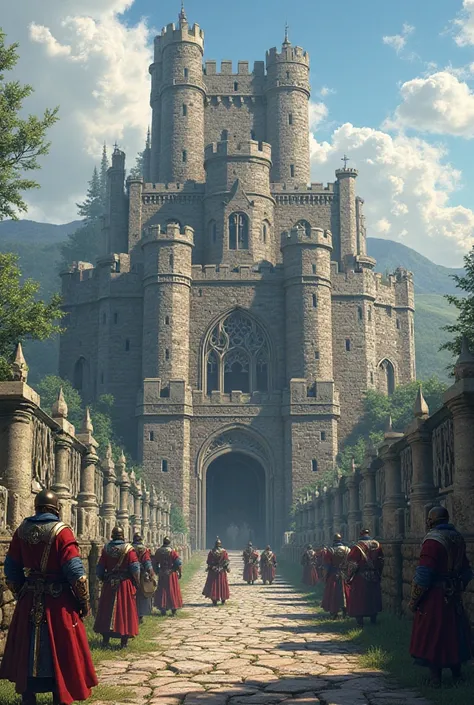 Kingdom 1479 is written on the entrance of a large castle and soldiers guard in front of it.
