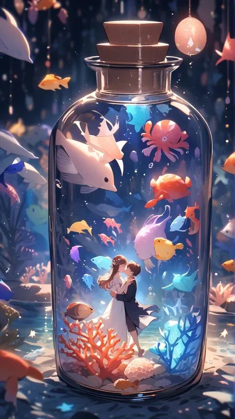 "Inside a magic bottle, an engaged couple hold hands, surrounded by flashes of light. Outside the bottle, the sea is full of fan...