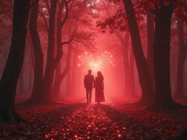 "A magical and supernatural forest bathed in shades of crimson and deep pink, where ancient trees glow softly with a red lumines...