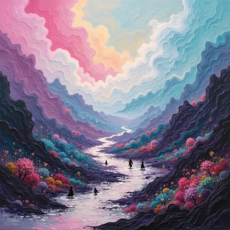 painting of white pink violet black turquoise, fantasy landscape, magical, epic, abstract expressionism