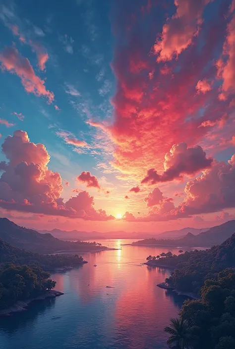 Make the sky have the colors of the flag of the Dominican Republic 