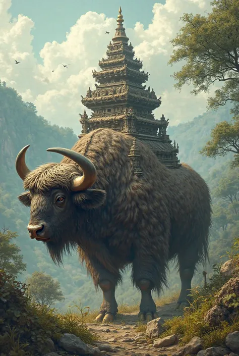 Photo of a buffalo with a temple on its back 