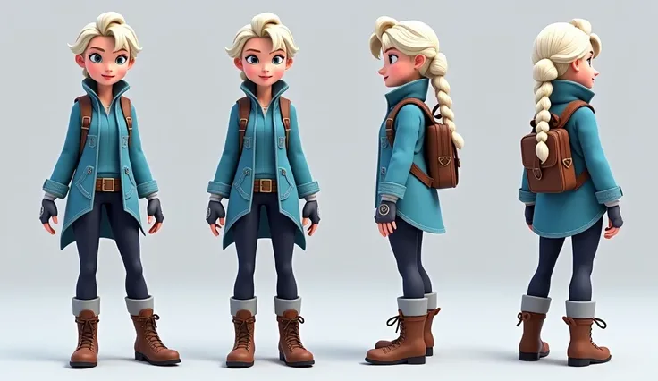 A full-body character turnaround of Elsa from Frozen in an adventurer-style outfit, shown from the front, side, and back. She ha...